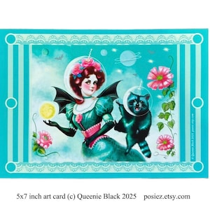 Art Victoriaans ruimtemeisje met wasbeer 5 x 7 KUNSTKAART print door Queenie schilderij illustratie tekening