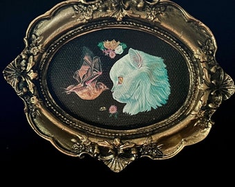 Framed Mini  Art White Cat and Bat Mini Gold Baroque Victorian Framed Canvas Print 5x4 inch Frame From Original Painting small gift idea