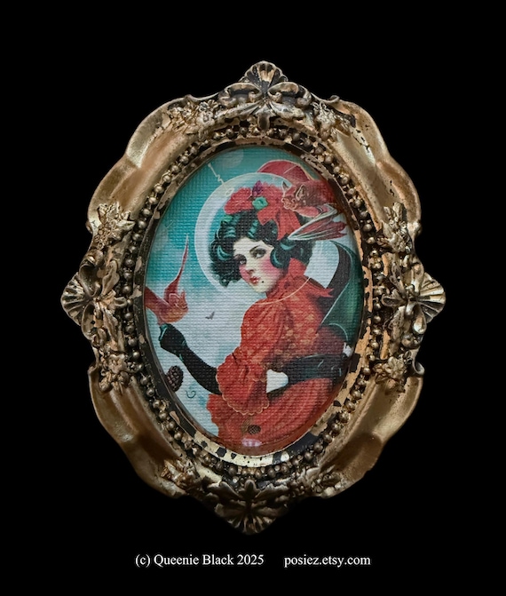 Victorian Woman Art Print: Bats in Space, Gold Baroque Frame (5x4 inch) .Charming Human Made Art
