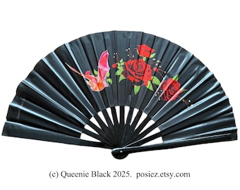 Gothic Bat and Roses Hand Fan: Silk & Bamboo Wall Decor 100% Human Made Art