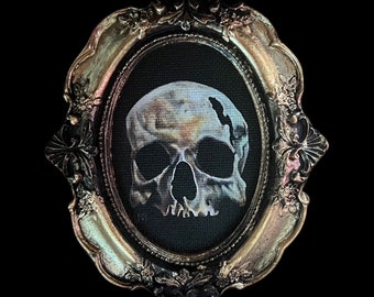 Mini Small Baroque Gold Framed Canvas Print Skull Skeleton Gothic Giclee 5x4 inch Vintage Look Frame Catacombs Small Wall Art