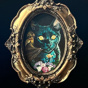 額入り黒猫とコウモリのミニゴールドバロックビクトリア朝の額入りキャンバスプリント5 x 4インチのオリジナル絵画からの小さなギフトアイデア