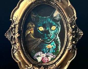 5x4 inch Mini Gold Framed Canvas Print Cat Bat best Friends 2 cat print cat wall art cat framed print black cat