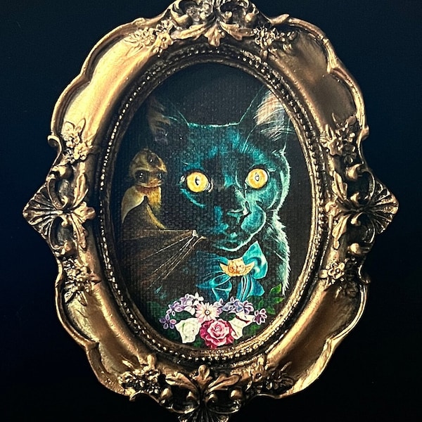 Mini lienzo con estampado de gato negro y murciélago: marco dorado barroco victoriano. Arte 100% artesanal.