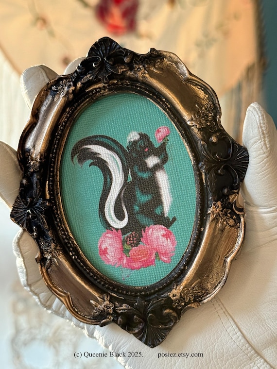 Skunk Canvas Print: Gold Baroque Victorian Frame, Original Artwork (5x4 inch) 100% Human Made Art