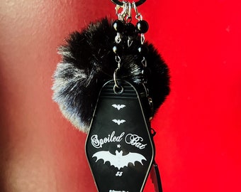 Verwende Bat Puffball Goth sleutelhanger met Obsidiaan en Bat Charms