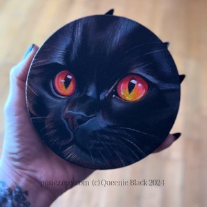 Original Black Cat Acrylic Painting: Big Orange Eyes, 5x5 Mini Art