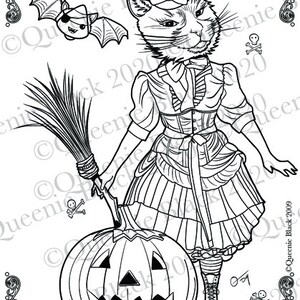Witch Kitty Coloring Page: Halloween Art (Instant Download) 100% Human Made Art image 2