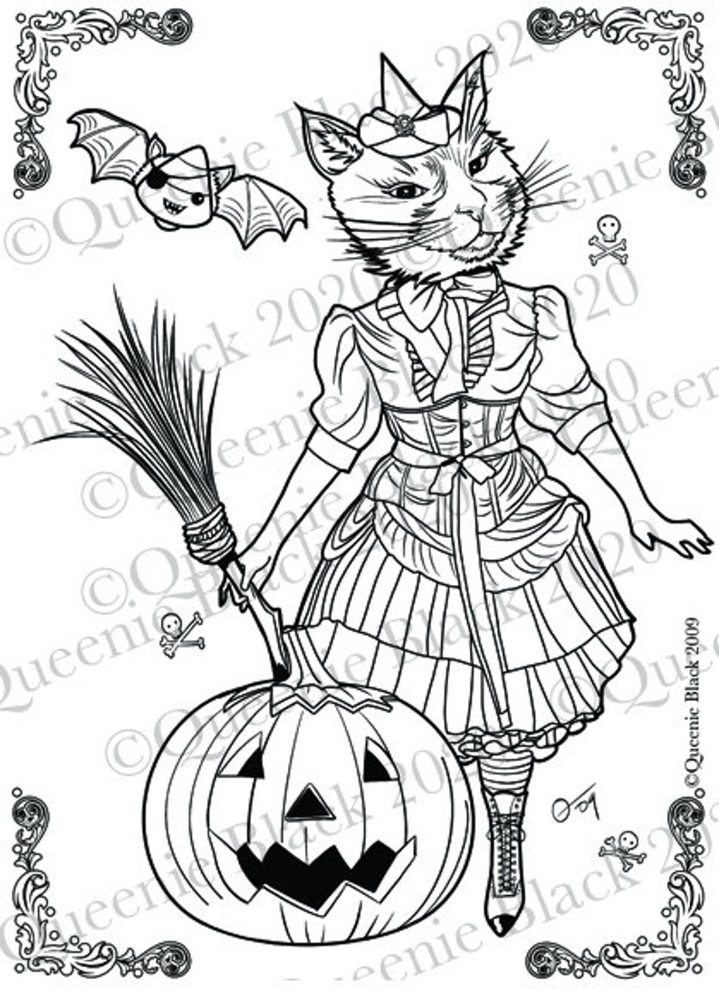 Witch Kitty Coloring Page: Halloween Art (Instant Download) 100% Human Made Art image 2