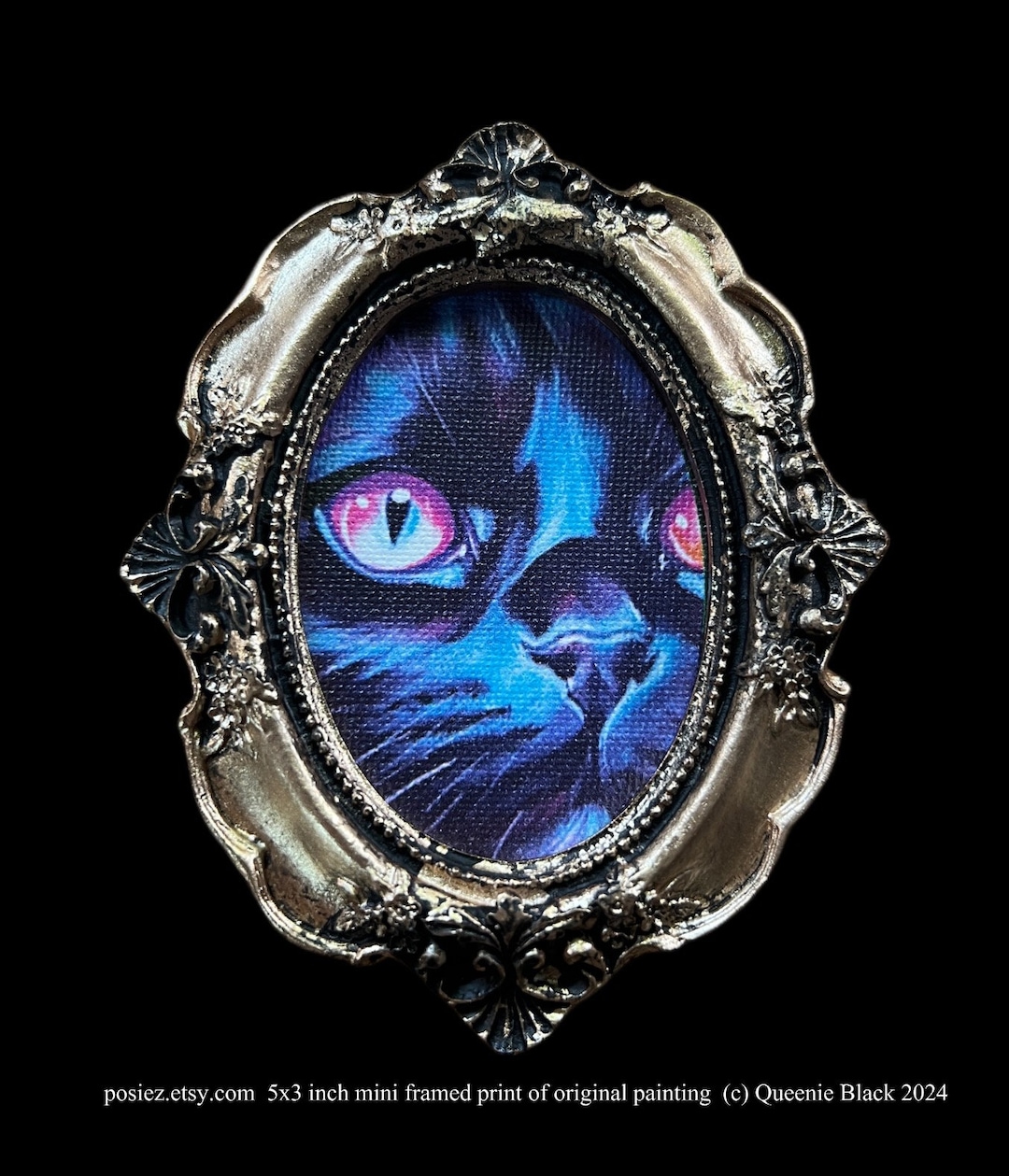Framed Mini Art Black Cat Face Pink Eyes Mini Gold Baroque Victorian
