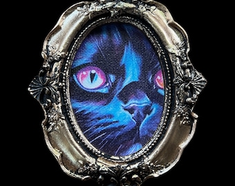 Black Cat Face Art: Mini Victorian Gold Frame Canvas Print .Charming Human Made Art