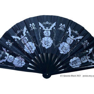 Bats and Roses Black and White Large  Hand Fan Outdoor Festival Concert Picnic Sun Shade Accessory Home Wall Decor