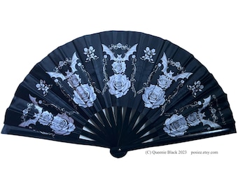 Bats and Roses Black and White large gothic hand fan home wall decor