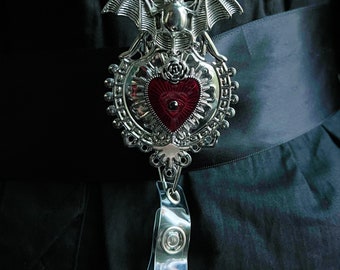 Handmade Bat Red Heart Retractable Badge Reel 100% Human Made Art