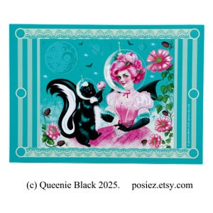 Art Victoriaans roze haar ruimte meisje met stinkdier 5 x 7 KUNSTKAART print door Queenie schilderij illustratie tekening