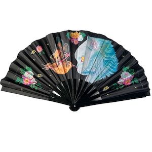 13&quot; Large Hand Fan Cat and Bat Beautiful Flowers Festival Home Decor Sun Shade Human Art Original Designs Artwork Illustrations Gift Idea