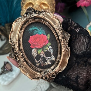 Framed Mini  Art Rose and Skull Gothic Mini Gold Baroque Victorian Framed Canvas Print 5x4 inch Frame From Original Painting small gift idea