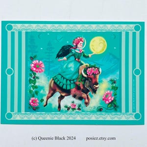 Art Victoriaans ruimtemeisje met wasbeer 5 x 7 KUNSTKAART print door Queenie schilderij illustratie tekening