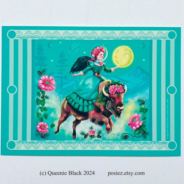 Victorian Space Girl Art Card: Buffalo Illustration Print Human Made Art