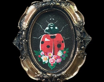 Mini Ladybug Floral Giclee Canvas Print: Mini Gold Baroque Frame 100% Human Made Art