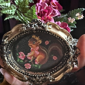 Squirrel and flowers Mini Canvas Print: Gold Baroque Victorian Frame (5x4 inch)