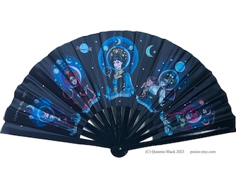 13&quot; Space Vampires Large Hand Fan For Shade Sun Cooling Off Wall Decor Wedding Accessory Concerts Festivals Statement Outerspace Human Art