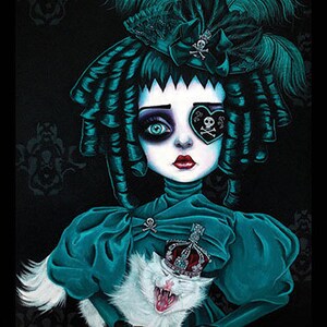 Impressão artística original: Menina Pirata Azul com Gato, tela Giclée 5x7, ilustração emoldurada.