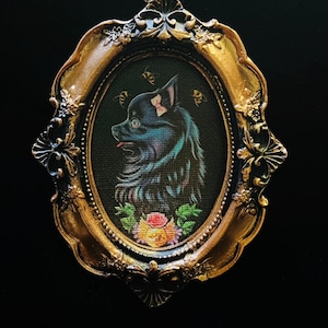 Mini  Art Pomeranian and Flowers Mini Gold Baroque Victorian Framed Canvas Print 5x4 inch Frame From Original Painting small gift idea