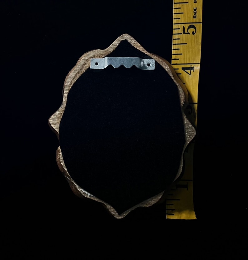 May include: A wooden frame with a scalloped edge and a black velvet backing. The frame has a metal hanger on the back.