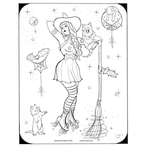 Op de afbeelding: Een zwart-witte lijntekening van een heks die een heksenhoed en rol schaatsen draagt. Ze houdt een bezem vast en heeft een kat op haar schouder. Er zijn sterren en vleermuizen op de achtergrond. De tekst "@Queenie Black 2022" en "posilez.etsy.com" staat onderaan de afbeelding.