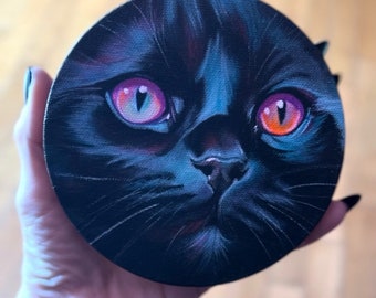 Cat head original art mini 5x5 inch acrylic painting big eyes black cat pink purple eyes wall hanging decor unframed