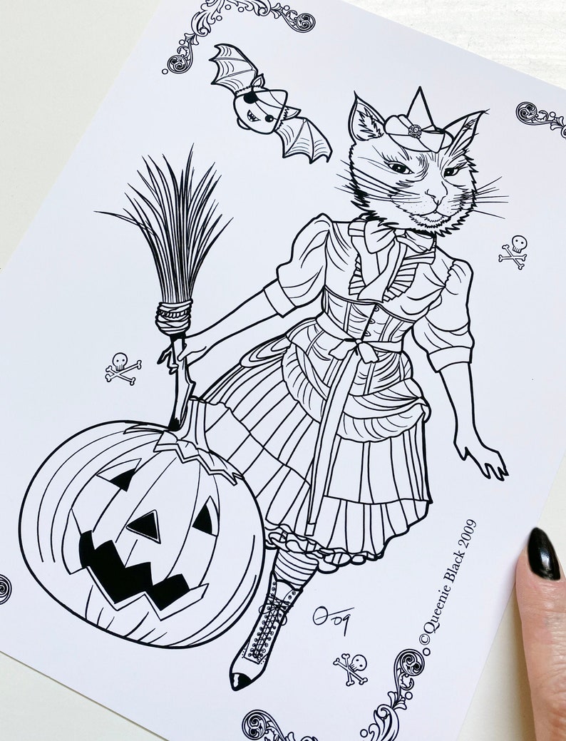 Witch Kitty Coloring Page: Halloween Art (Instant Download) 100% Human Made Art image 1