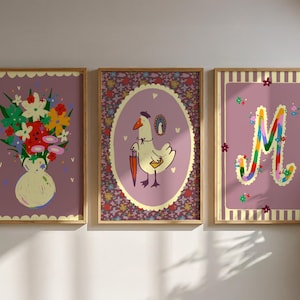 Arte imprimible para guardería • conjunto de 3 ilustraciones • ganso, ramo de flores, letra decorativa • Kaja Gawrońska