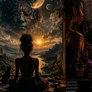 Könnte beinhalten: Ein digitaler Kunstdruck mit einer Person mit Dreadlocks, die vor einer Landschaft mit Sonnenuntergang, einem großen himmlischen Gesicht und Planeten meditiert. Eine schwarze Katze sitzt daneben. Ein Becher trägt den Text PROTECT YOUR PEACE.