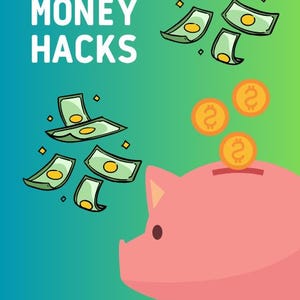 Może przedstawiać: Cyfrowa grafika z tłem przechodzącym od turkusu do zieleni, zawierająca tekst MONEY HACKS oraz 7 Side Hustles in 20 Days!!. Różowa świnka skarbonka znajduje się w prawym dolnym rogu, a nad nią unoszą się pomarańczowe monety i zielone banknoty.