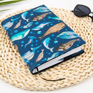 Adjustable book cover - fabric dust jacket - book sleeve - bookcase - whale