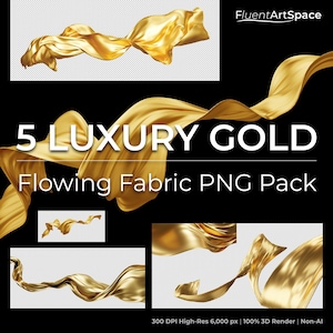 May include: A digital art pack showcasing five pieces of flowing gold fabric. The image has a black background with the text "5 LUXURY GOLD" and "Flowing Fabric PNG Pack". The FluentArtSpace logo is also visible.