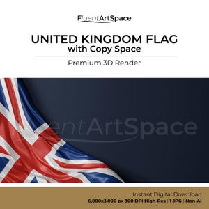 Puede incluir: Una representación 3D de la bandera del Reino Unido con espacio para texto. La bandera es roja, blanca y azul. La imagen incluye el texto "UNITED KINGDOM FLAG with Copy Space" y "Premium 3D Render". Es una descarga digital.