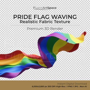 May include: A vibrant, flowing Pride flag with a realistic fabric texture. The flag features the colors of the rainbow, with text that reads "PRIDE FLAG WAVING" and "Realistic Fabric Texture". The image is a premium 3D render.
