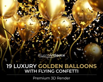 Colección de 19 globos dorados de lujo y confeti dorado volador, 18 fondos JPG de alta resolución y 1 paquete adicional de renderizado 3D PNG 6K premium.