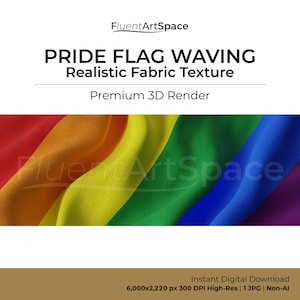 Puede incluir: Imagen renderizada digitalmente de una bandera del orgullo con una textura de tela realista. La bandera presenta los colores del arcoíris: rojo, naranja, amarillo, verde, azul y morado. Incluye el texto "PRIDE FLAG WAVING Realistic Fabric Texture".