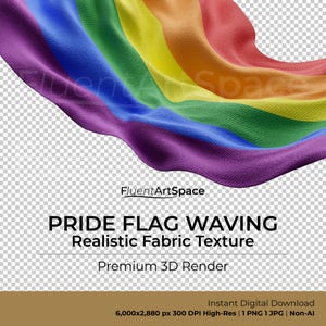 Op de afbeelding: Een realistische afbeelding van een wapperende Pride-vlag. De vlag toont de traditionele regenboogkleuren: rood, oranje, geel, groen, blauw en paars. De tekst "PRIDE FLAG WAVING" en "Realistic Fabric Texture" is inbegrepen.
