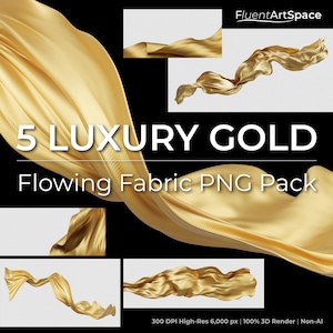 Op de afbeelding: Een digitaal kunstpakket met vijf stromende gouden stoffen elementen. De afbeelding bevat een groot, gedrapeerd stuk stof en verschillende kleinere, geïsoleerde stukken stof. Tekst luidt "5 LUXURY GOLD Flowing Fabric PNG Pack."