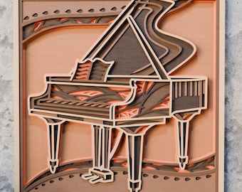 Gelaagd SVG-bestand Vleugelpiano | Lasergesneden ontwerp voor muziekliefhebber | Muurkunst muziekinstrument | CNC paneel woondecoratie | Cricut Glowforge Xtool