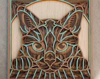 Spähende Katze Geschichtet SVG | 3D Laser Cut Feline Wandkunst | Moderne Tierportrait Panel | Boho Tier Dekor | Digitaler Download | Cricut Glowforge
