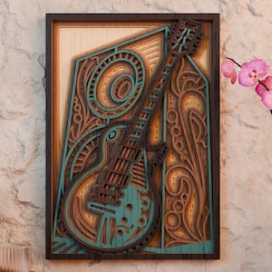 Mandala de guitarra SVG | Decoração de parede com tema musical | Painel de madeira cortado a laser | Arte em camadas de guitarra elétrica | Download digital | Cricut Glowforge CNC