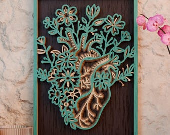 Flores de corazón anatómicas SVG / Arte mural cortado con láser 3D en capas / Decoración médica botánica / Panel moderno bohemio / Archivo digital / Cricut Glowforge