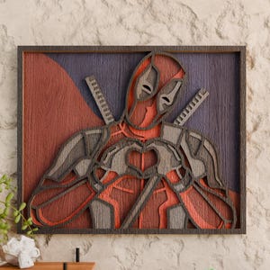Deadpool Geschichte SVG | Lustige Comic-Figur Laser-Schnitt-Datei | Roter Held Dekor | 3D Holz Wandpaneel | Digitaler Download | Cricut & Glowforge