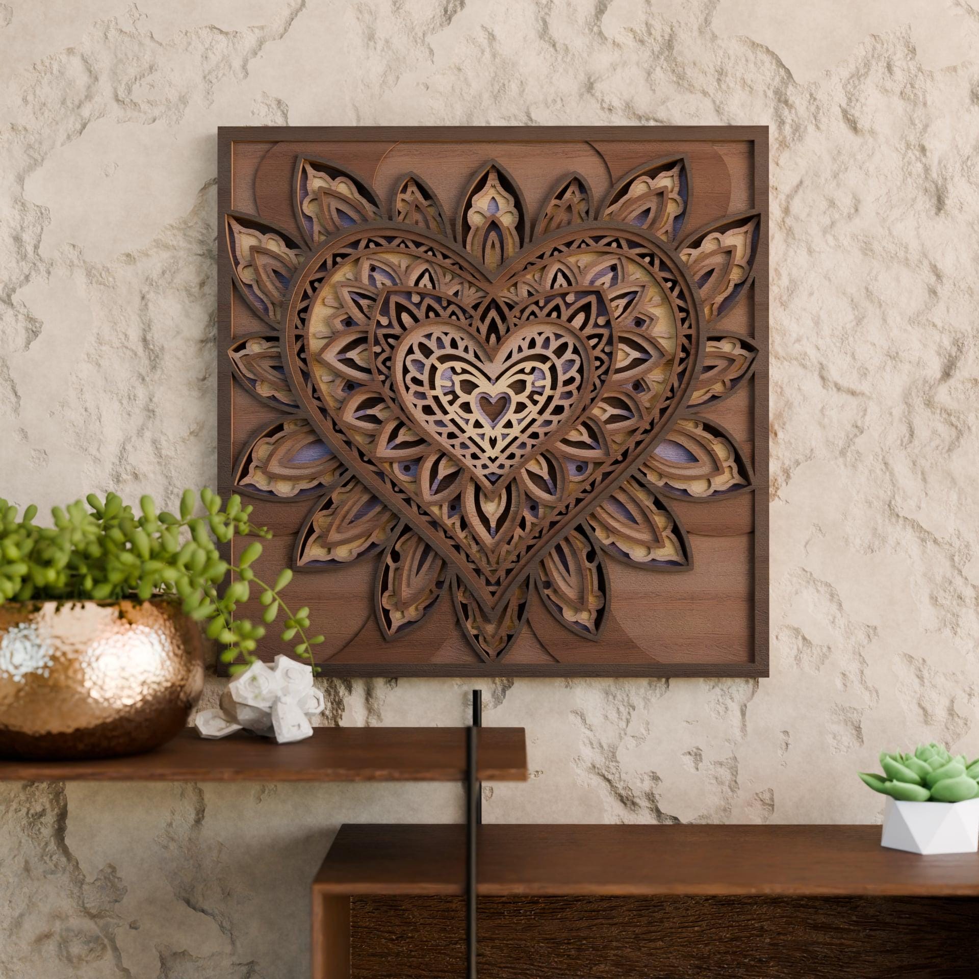 Heart Mandala Layered SVG | Love Laser Cut File | 3D Wooden Floral Wall ...