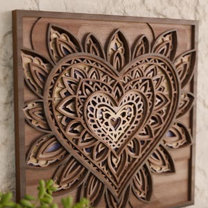 Mandala de coração em camadas SVG | Arquivo de amor cortado a laser | Arte de parede floral em madeira 3D | Decoração de Dia dos Namorados | Download digital | Cricut e Glowforge SVG